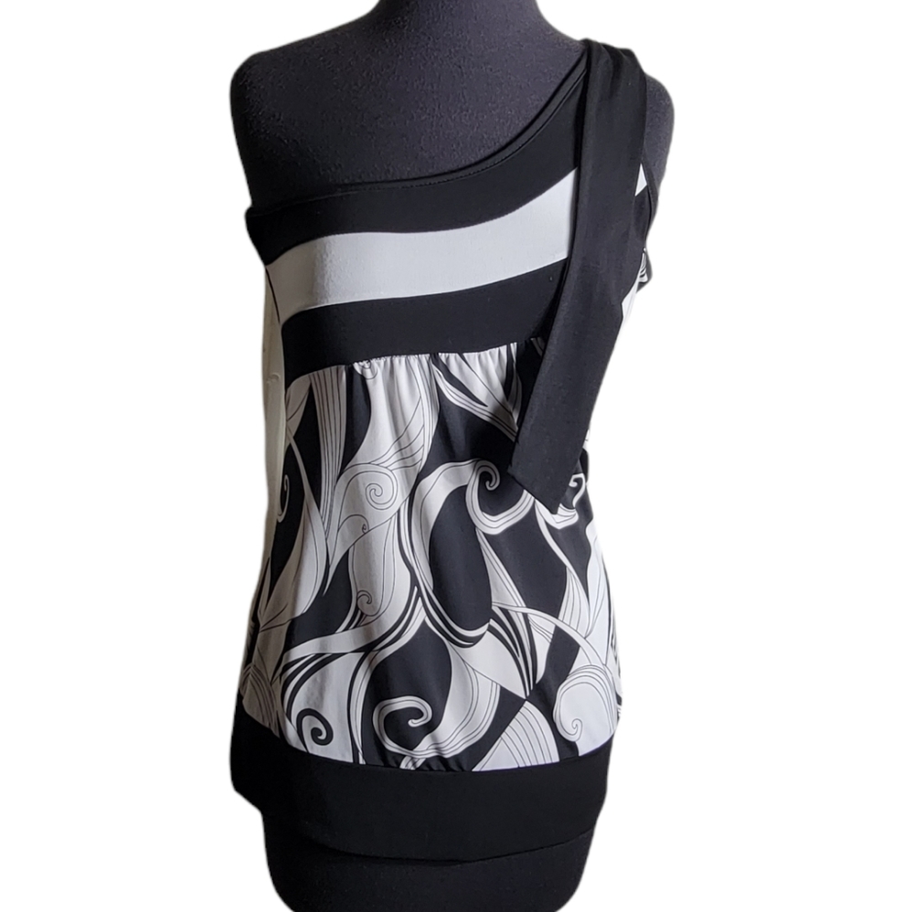 Vanity one shoulder paisley print top size large black Wmwhite Y2K Smstretch